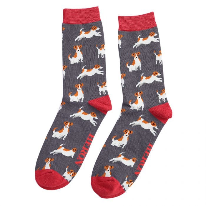Image of Cute Men's Jack Russell Dog Design On Grey Socks, With Rust Trim, Sustainable, Antibacterial