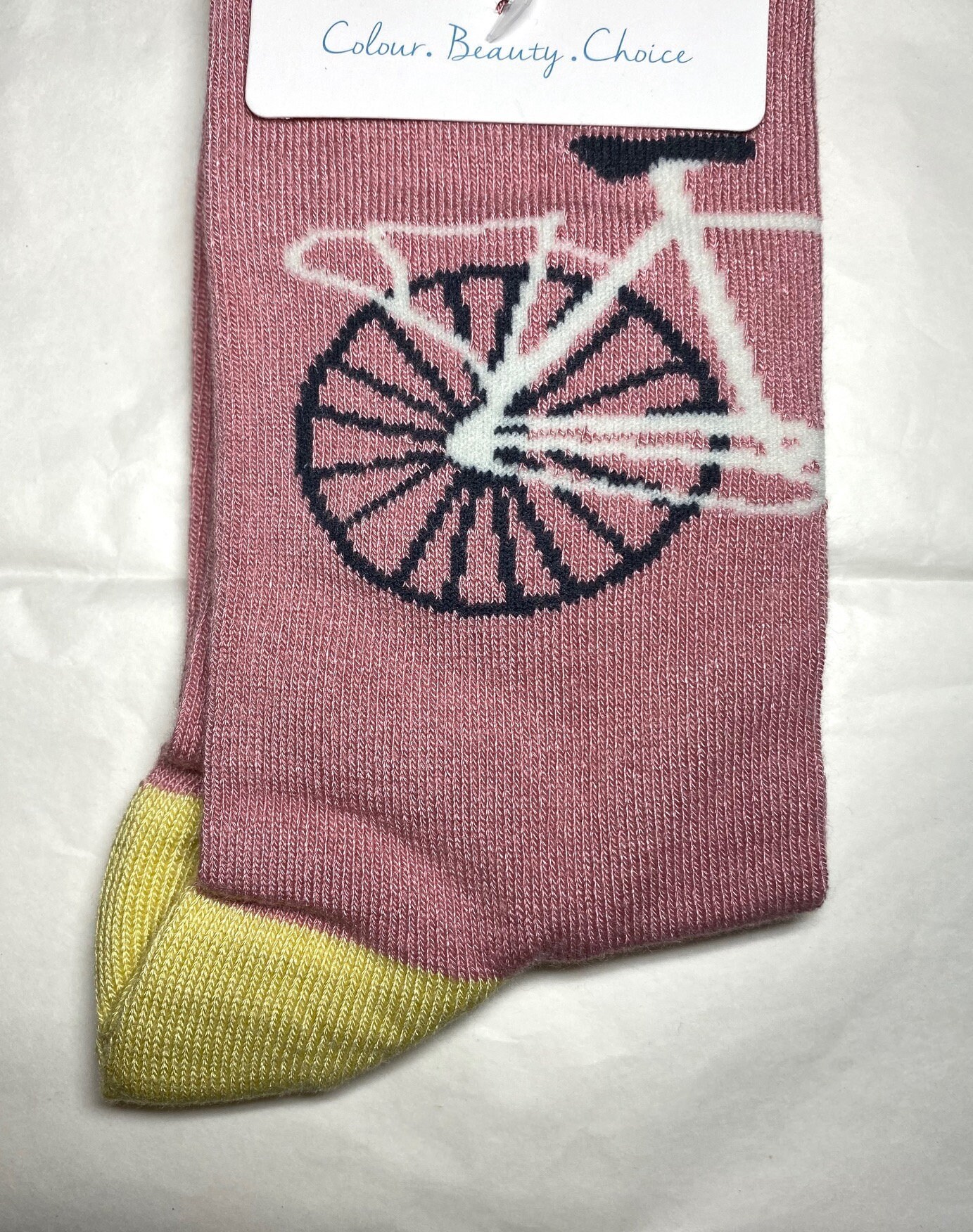 Image of Black & White Bicycle Design On Pink Ladies Bamboo Socks With Yellow Trim, Bnwt