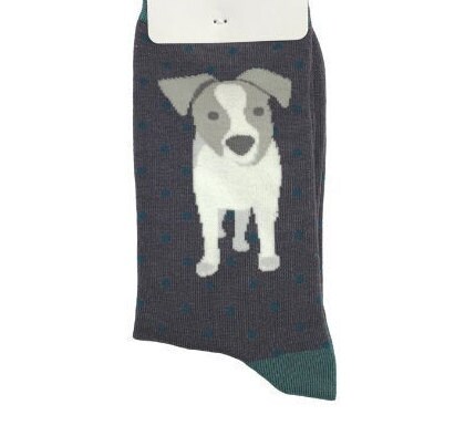 Image of Men's Bamboo Jack Russel Socks, Grey With Green Spots & Trim, Bnwt, Sustainable, Antibacterial