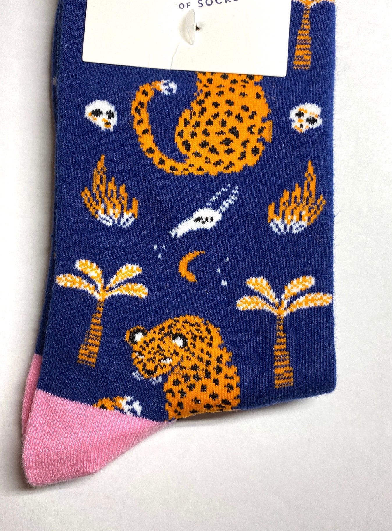 Image of Bit Cat, Leopard Design On Navy Blue Socks With Pink Trim, Bnwt