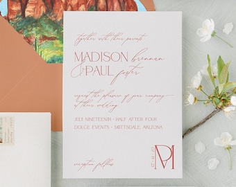 Modern monogram desert wedding invitation, terra cotta wedding Invitation, Elegant wedding invitation, saguaro, Arizona wedding invitation