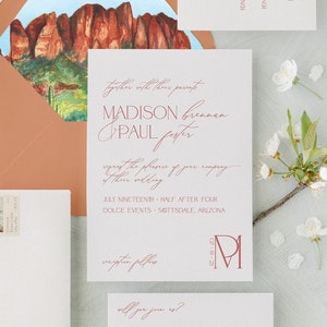 Modern monogram desert wedding invitation, terra cotta wedding Invitation, Elegant wedding invitation, saguaro, Arizona wedding invitation Terracotta