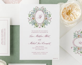 Wildflower monogram crest wedding invitation. Elegant vintage floral wedding invitation in rose pink.