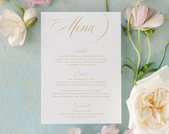 Elegant and formal wedding menu. Printed wedding menus. Wedding table decor. Classic, simple wedding menu, gold. Romantic inspired wedding.