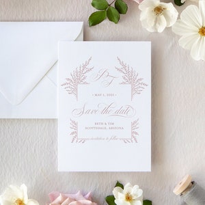 Elegant Dusty Rose Save the Date. Laurel wreath monogram wedding save the date. Printed save the date. Romantic Save our Date.