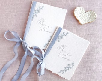 Handmade paper wedding vow books with silk ribbon. Personalized wedding vow books. Romantic vow books. Dusty blue and blush. Keepsake vows.