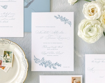 Romantic Dusty Blue Wedding Invitation, Vintage painting wedding invitation, Floral Wedding Invitation, Elegant wedding invitation
