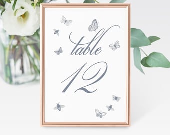 Butterfly table numbers for a wedding. Simple and elegant wedding table numbers. Printed table numbers. Garden Wedding table number cards.