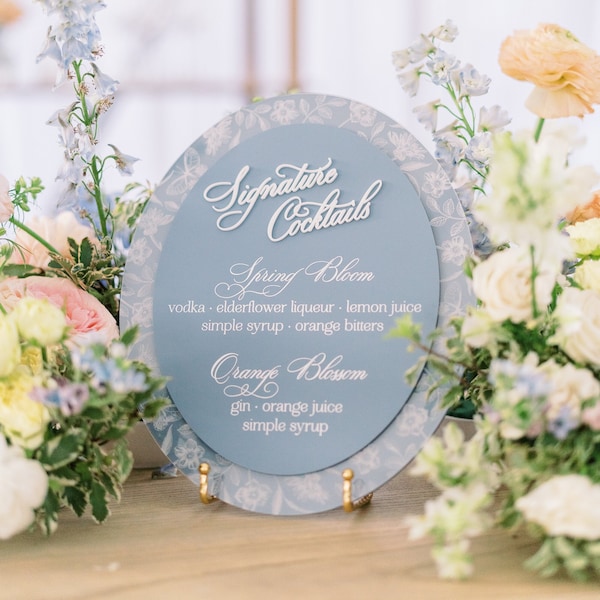 Floral Signature Cocktail Sign for a Wedding - Oval Bar Sign - French Blue Acrylic - Chinoiserie Pattern