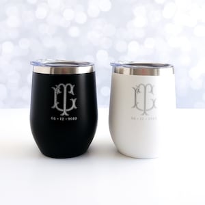 Customized stemless wine tumbler set, wedding gift, engagement gift, couple's shower gift, wedding shower, vintage fish tail monogram, 12 oz