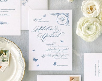 French Blue floral wedding invitation, Monogram wedding invitation, Romantic Wedding Invitation, Elegant wedding invitation, vintage wedding