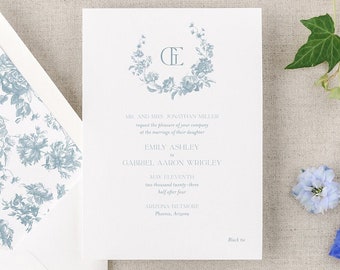 French Toile Dusty Blue Wedding Invitation, Vintage floral wedding invitation, monogram wedding invitation, elegant wedding invitation