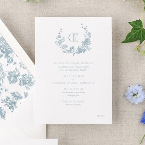 French Toile Dusty Blue Wedding Invitation, Vintage floral wedding invitation, monogram wedding invitation, elegant wedding invitation