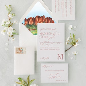 Modern monogram desert wedding invitation, terra cotta wedding Invitation, Elegant wedding invitation, saguaro, Arizona wedding invitation White