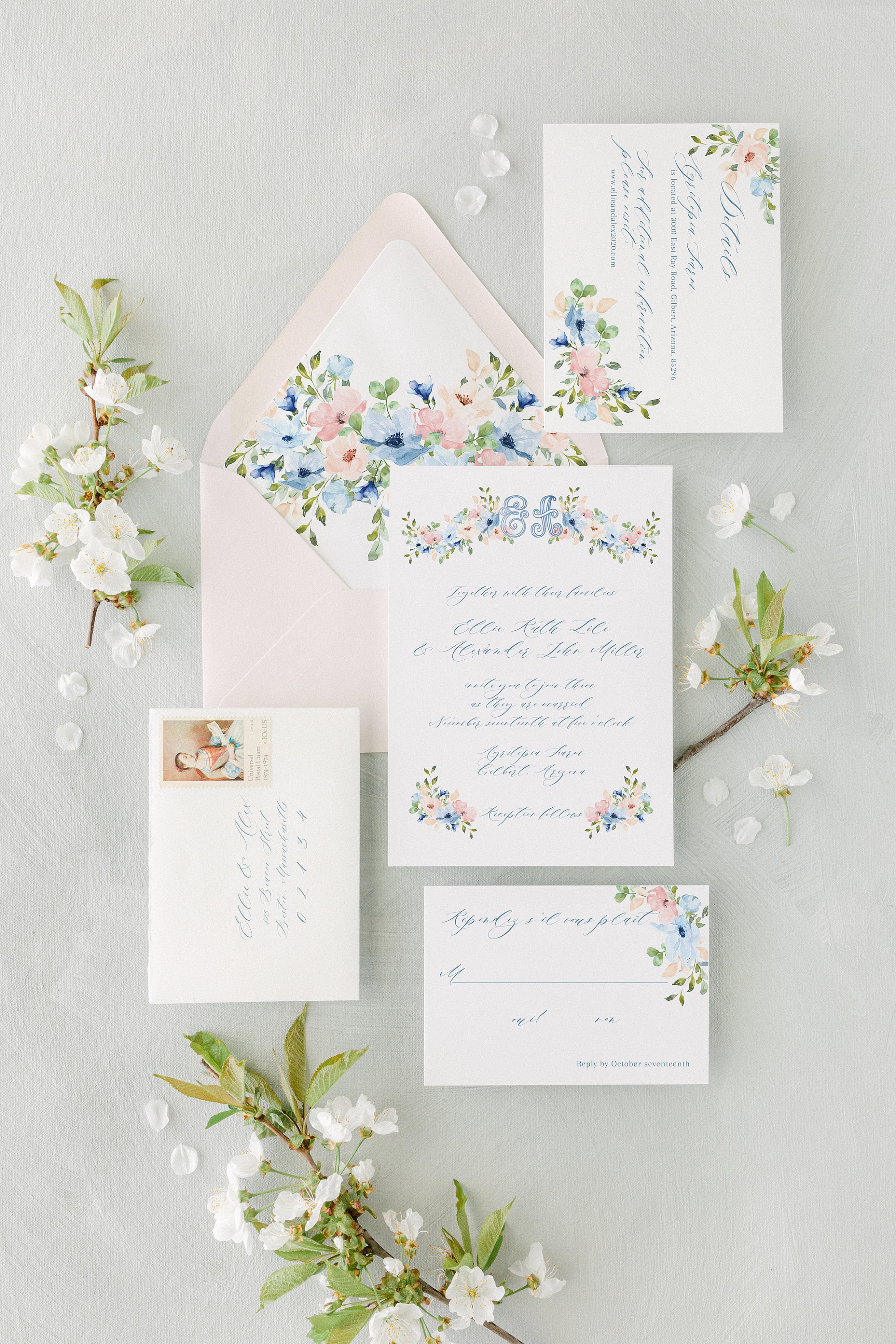 Watercolor Floral Wedding Invitation, Monogram Wedding Invitation, Romantic  Powder Blue Wedding Invitation, Dusty Rose Wedding Invitation - Etsy, image size:2001x3000