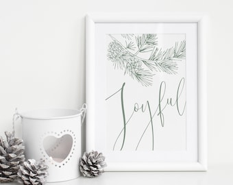 Printable Sage Green Joyful holiday art print. Printable Christmas art. Holiday DIY print. Pine tree print. Elegant modern calligraphy art.