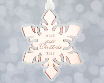 Snowflake Baby's First Christmas 2023 Ornament, Merry and Married ornament, Engaged 2023 ornament, glitter acrylic, mirror acrylic, elegant