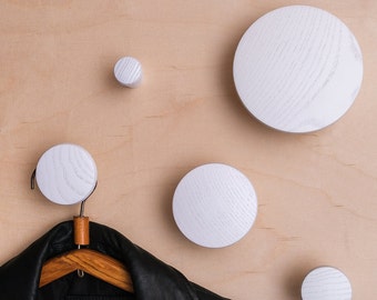 White Round wall dots hooks for Hanging Coats, white and black minimalist coat hook, decorative robe hook, wood wall hook| Set of Coat Hooks
