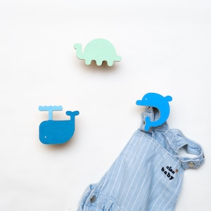 Ocean Animal Kids Wall Hooks, Wooden Sea Life Coat Hooks, Dolphin, Turtle, Whale – Nursery Wall Decor for Boys Girls, Beach Themed Kids Room