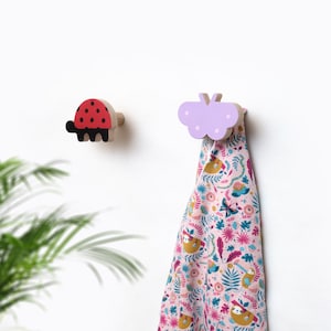 Buterfly Wall hook ladybug for kids, Wooden Set Hooks for wall, Kids Room Wood Hook, Personalise children Rack Hanger, Set Hooks girl room