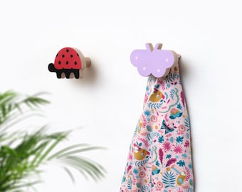 Buterfly Wall hook ladybug for kids, Wooden Set Hooks for wall, Kids Room Wood Hook, Personalise children Rack Hanger, Set Hooks girl room