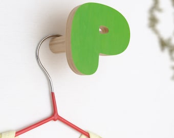 Wooden Letter P Hooks for wall, Alphabet ABC Kids wall Hooks, Kids Name Room Wood Hook, Personalise children Rack Hanger, Mothers day gift