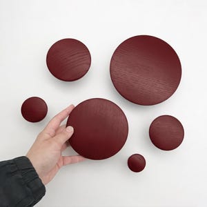 Op de afbeelding: Een set van zes ronde wandhaken in verschillende maten, gemaakt van donkerrood gebeitst hout met een zichtbare houtnerf. De haken zijn in een groep gerangschikt en hebben een glad, plat en afgerond oppervlak voor wandmontage.