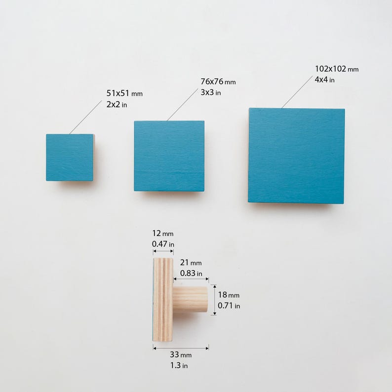 May include: Three square wooden knobs in teal blue, measuring 2x2 inches, 3x3 inches, and 4x4 inches. A wooden knob with a cylindrical handle is shown below, measuring 1.3 inches wide, 0.83 inches tall, and 0.71 inches in diameter.