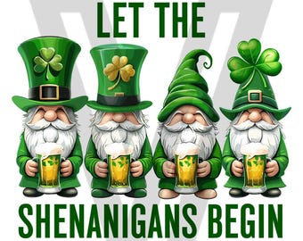 Puede incluir: Cuatro gnomos verdes con barbas blancas y sombreros verdes sosteniendo jarras de cerveza. Los gnomos están de pie frente a un fondo blanco con el texto "Let the Shenanigans Begin".