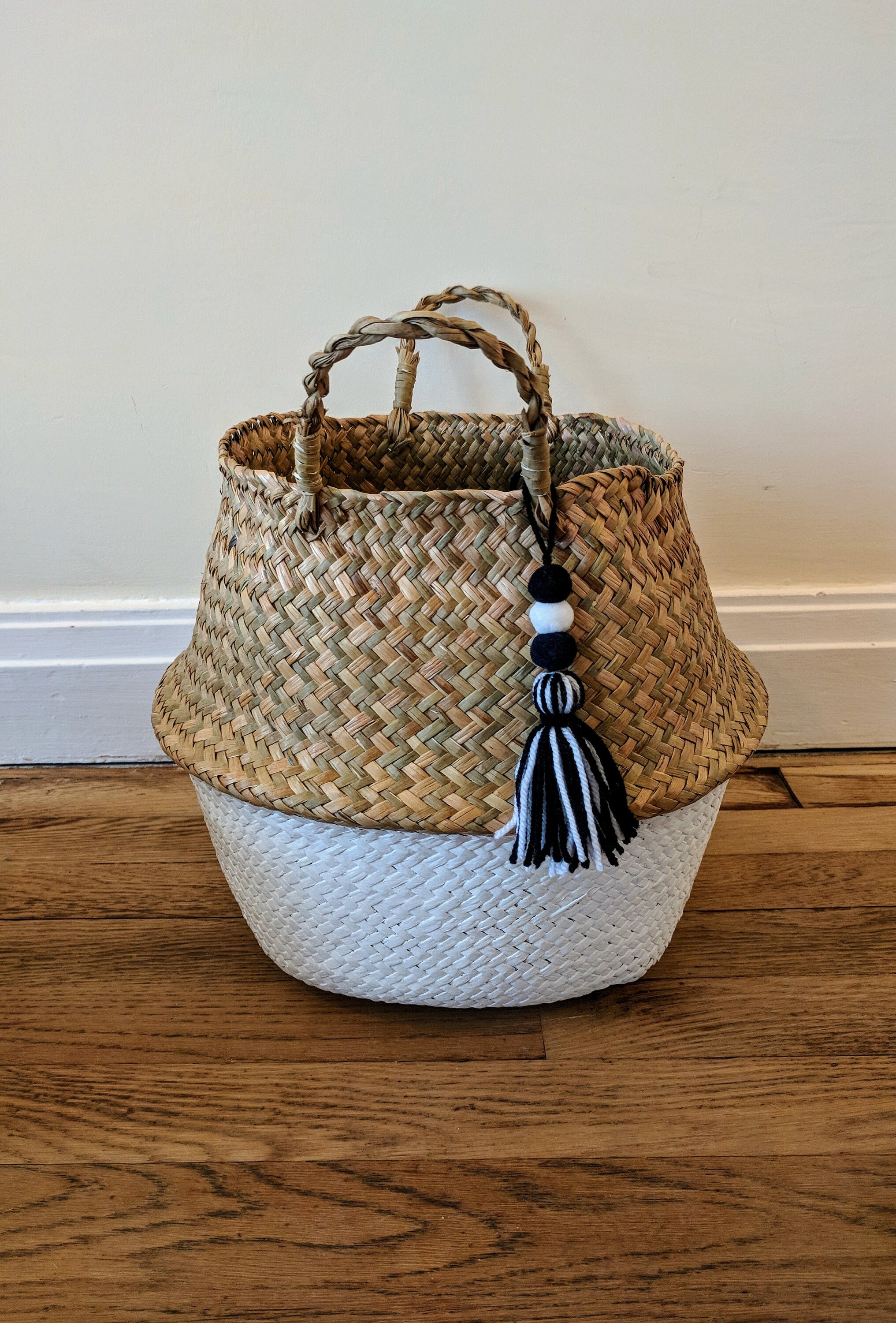 Seagrass Belly Basket Handpainted White With a Handmade Tassel Etsy UK