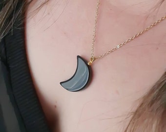 Obsidian Crescent Moon Necklace, Gold Stainless Steel Chain, Witch Pagan Jewelry