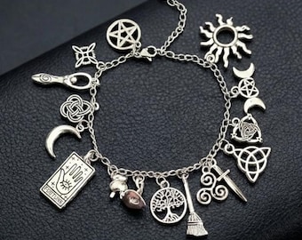 Wiccan Charm Bracelet – Pentacle, Moon, Tarot, Gothic Pagan Jewelry