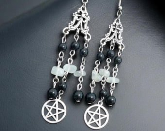 Pentacle Dangle Earrings- Moonstone Obsidian, Boho, Wiccan Jewelry, Witchy