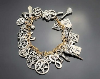 Pagan Charm Bracelet, Gold Tone Chain, Wiccan, Goddess Jewelry