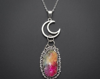 Multicolored Agate Moon Necklace- Long Boho Crescent Moon Pendant, Natural Stone Statement Jewelry, Mystical Spiritual Gift