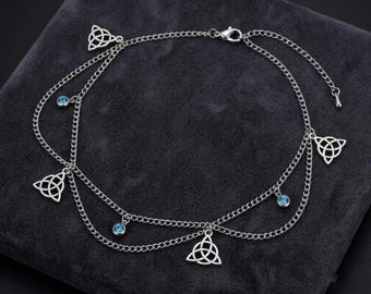 Triquetra Anklet, Celtic Knot Jewelry, Dainty Layered Ankle Bracelet, Spiritual Pagan Accessory, Blue Crystal Foot Chain, Boho Beach Jewelry