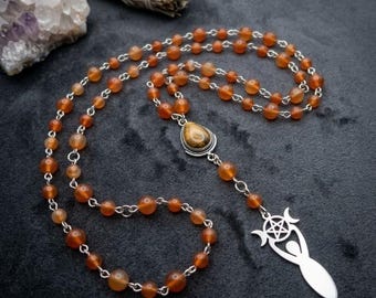 Pagan Rosary Necklace with Carnelian, Stainless Steel Goddess Pendant, Wiccan Triple Moon Jewelry, Tiger's Eye Protection Stone