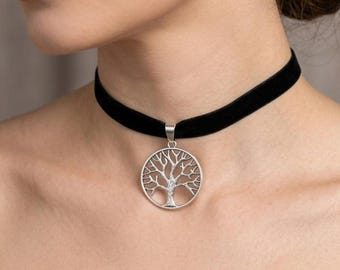 Tree of Life Choker Necklace, Boho Spiritual Jewelry, Nature Inspired Charm, Witchy Statement Neckband, Gift for Her, Adjustable Gothic Pend