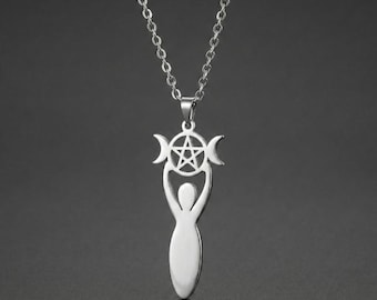 Goddess Pendant Necklace, Stainless Steel Wiccan Jewelry