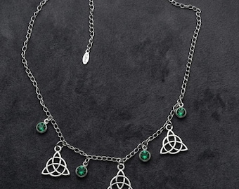 Celtic Triquetra Choker with Green Crystal Charms | Witchy Necklace | Pagan Jewelry | Celtic Witch