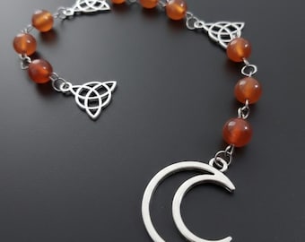 Carnelian Witch’s Ladder with Triquetra and Crescent Moon – Nine Bead Pagan Prayer Beads – Vitality & Manifestation – Witches Rosary