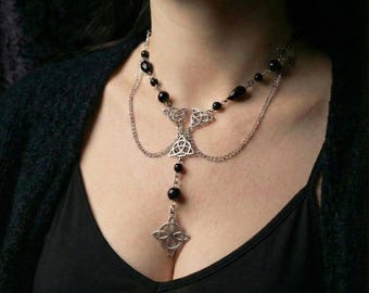 Gothic Witchy Choker Necklace • Genuine Obsidian Beads • Witch's Knot Pendant • Stainless Steel Chain • Celtic Pagan Jewelry Gift