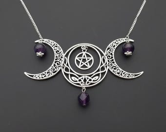 Triple moon necklace, pagan jewelry, witch, wiccan, amethyst