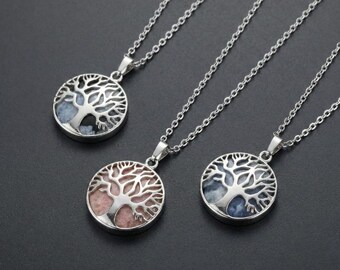 Tree of Life Crystal Necklace • Stainless Steel Gemstone Pendant • Snowflake Obsidian, Sodalite, Rhodochrosite • Spiritual Jewelry