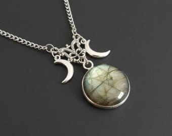 Labradorite Triple Moon Necklace – Witchy Choker with Moon Phases • Lunar Magic Amulet • Wiccan Jewelry