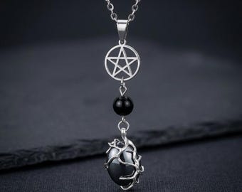 Witch's Mirror Protection Amulet, Obsidian and Hematite Pentagram Choker, Necklace Gothic, Witchy, Pagan Jewelry