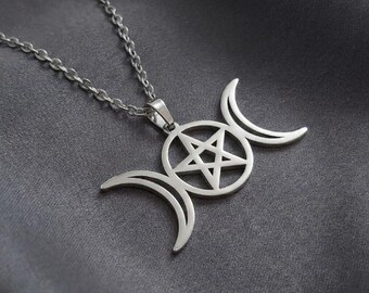 triple moon necklace, pentacle jewelry, moon, stainless steel, wiccan, Gothic, witch, pagan