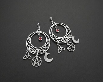 Pentacle Dangle Earrings, Triquetra, Moon, Witch Jewelry, Wiccan, pagan jewelry
