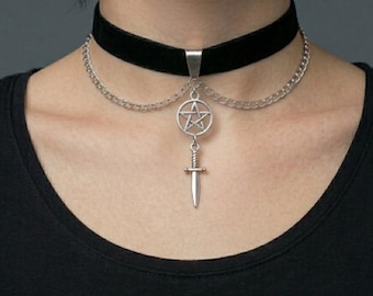 Black Velvet Pentagram Choker Necklace with Dagger Pendant – Gothic Wiccan Pagan Occult Jewelry