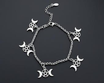 Triple Moon Stainless Steel Charm Bracelet, Wiccan Jewelry